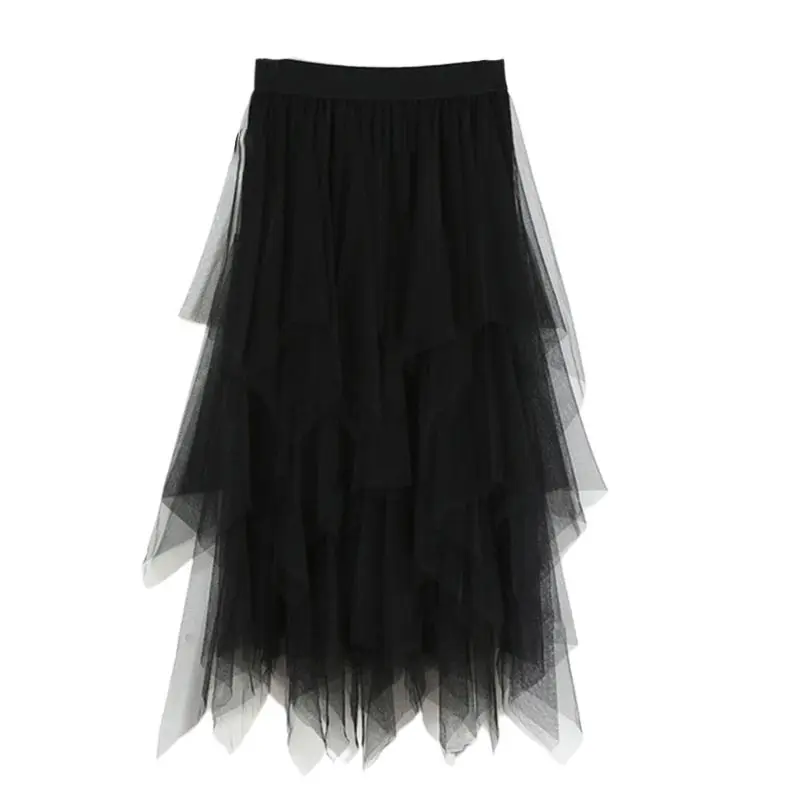 Черный Женская эластичная высокая талия Нерегулярные волнистые сетчатые юбки женские повседневные однотонные клеш в складку Многослойные оборки до середины икры длинная юбка - Цвет: Черный