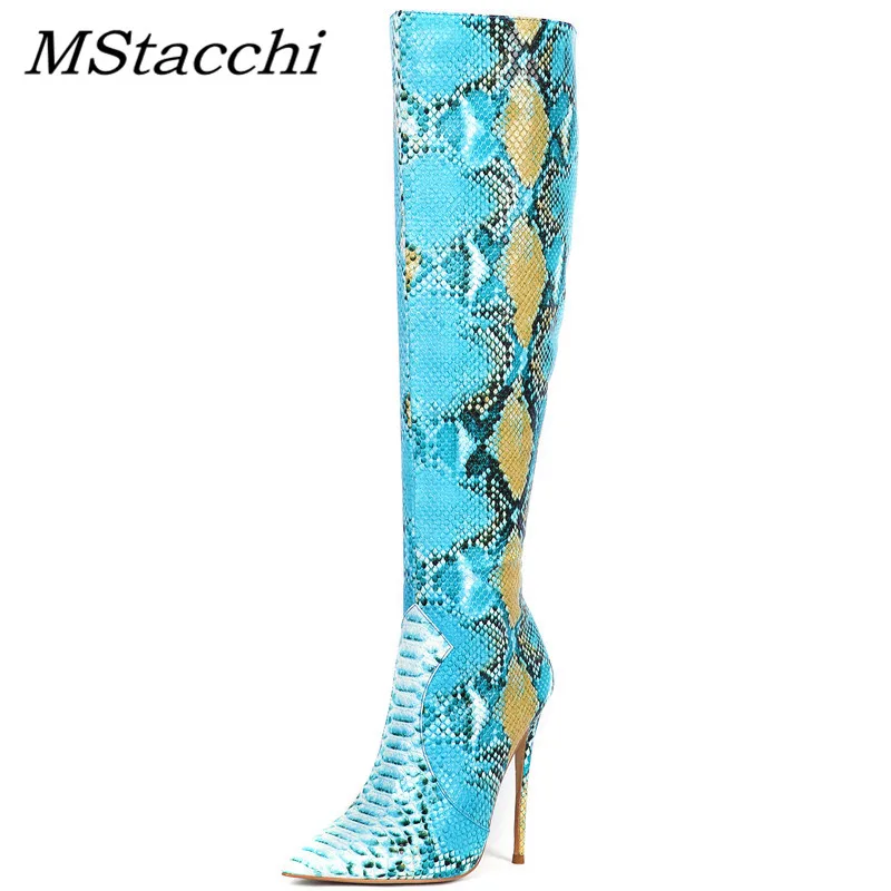 Новинка модные женские сапоги MStacchi из змеиной кожи синего цвета зимние выше