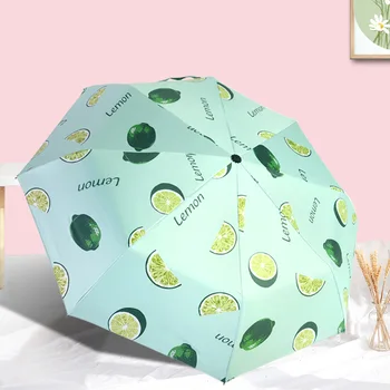 

Three folding umbrella fruit pattern women umbrella black coating sunscreen UV sun umbrella windproof strong umbrella