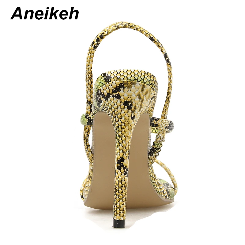 Aneikeh/; модные босоножки с узкими лентами; женские сандалии-гладиаторы с перекрестными ремешками под змеиную кожу; босоножки без застежки на высоком каблуке; модельные туфли-лодочки