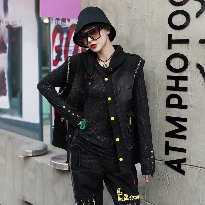 

Spring Autumn New arrivals Cowboy Loose Sleeveless Waistcoat Top Letter printing Vest for women Hooded denim Vest female