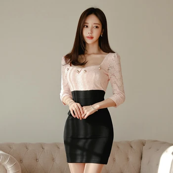 

Lace Patchwork Spring Dress 2020 Three Quarter Corset Mini Bodycon Wrap Dress Ladies Modis Streetwear Luxury Dress Plus Size