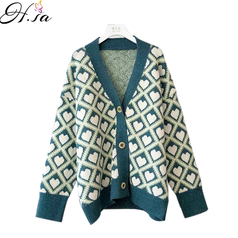 H.SA Women Knitted Sweater and Cardigans V neck Loose Style Sweet Heart Button Up Casual Cardiagns Knit Warm Jacket Outer Tops |