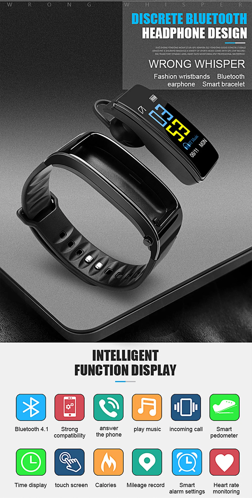 Y3 Plus Band Smart Watch Wireless Bluetooth Earphone Health Tracker Pedometer Fitness Bracelet Wristband Headset For Android iOS