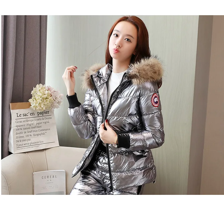 Silver grey Женский комплект 2 шт. спортивный костюм зимняя мода большой меховой воротник с капюшоном куртка пальто+ брюки костюмы женские теплые пуховые хлопковые комплекты DS50954 - Цвет: Silver grey