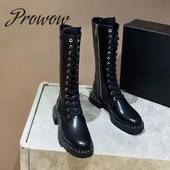 

Ollymurs Black Genune Leather Runway Design Real Leather Metal Studded Mid Calf Boots Round Toe Low Heel Fashion Moto Boots