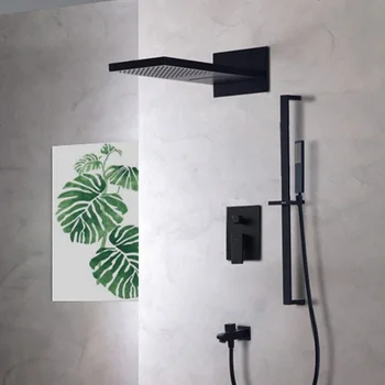 

Black hidden flower sprinkler copper waterfall concealed into the wall embedded box faucet invisible flower shower screen