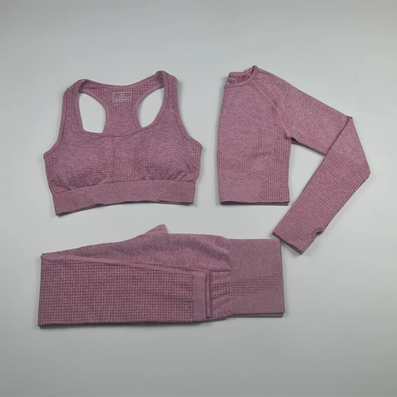 pink Женские спортивные костюмы из 3 предметов, бесшовный комплект для йоги, Топ с длинным рукавом для фитнеса+ леггинсы для спортзала+ мягкий спортивный бюстгальтер, одежда для тренировок, Femme - Цвет: pink
