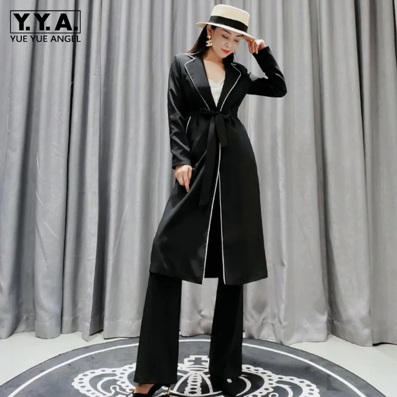 Landingsbaan Nieuwe Vrouwen Lange Blazer Trenchcoat Wijde Pijpen Broek Kantoor Dames Tweedelige Set Klassieke Sjerpen Lace Up Pak sets Coördinaten Landingsbaan Nieuwe Vrouwen Lange Blazer Trenchcoat Wijde Pijpen Broek Kantoor Dames Tweedelige Set Klassieke Sjerpen Lace Up Pak sets Coördinaten