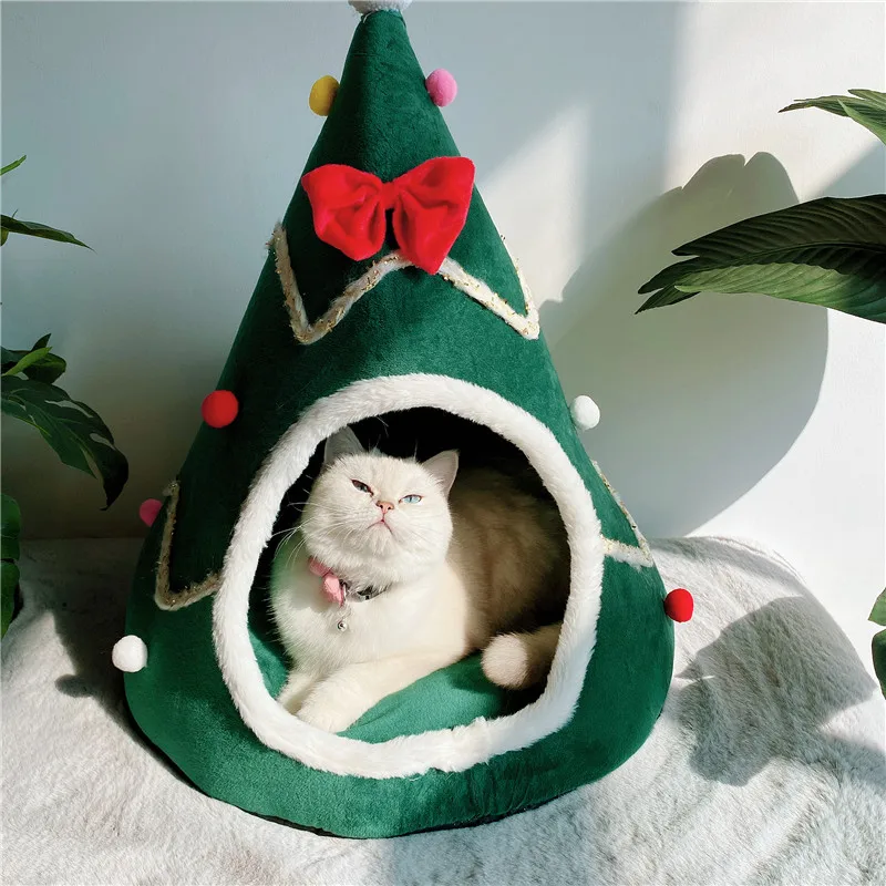DogBedChristmasTreeshapeCatBedWinterWarmCozyCaveCage