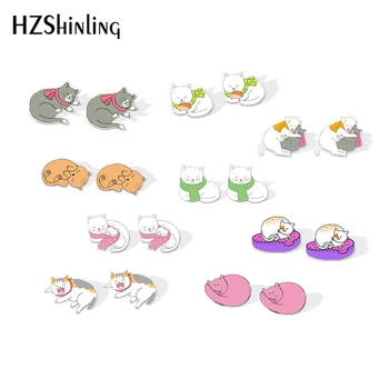 

2019 New Cartoon Sleepy Cat Resin Earrings Funny Cats Shrinky Dinks Earrings Gilfts Women Epoxy Stud Earring