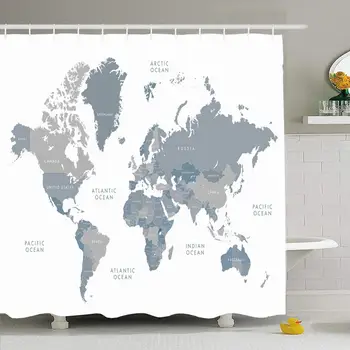 

Shower Curtain Set with Hooks 66x72 USA Earth Highly Detailed World Map Labeling Grayscale Flat Technology North Business Land