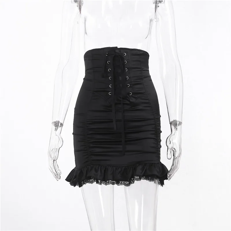 Black Gothic Empire Women Skirt 2021 Spring Lady Pleated Lace-up Ribbon Eyelet Lace Patchwork Skinny Goth Punk Skirts
