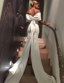 

vestido de noiva Arabic White long Formal Straight Off the shoudler Low Back Sexy Slits Bow Knot Robe De Soiree bridesmaid dress