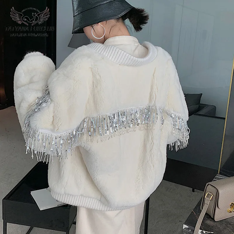

Whole Skin Natural Rex Rabbit Fur Coat Women 2020 Winter Fashion Real Rabbit Fur Jackets With Tassels Blingbling Overcoat Female