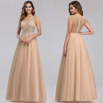 

Elegant Bridesmaid Dresses A-Line Beading Sexy O-Neck Sleeveless Tulle Long Party Gowns Vestido De Festa 2020 robe de soiree