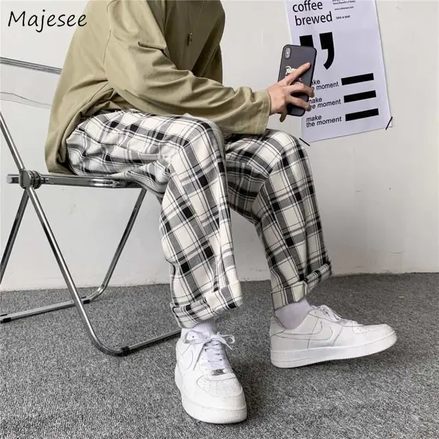 Men Pants Plaid Loose Comfortable Retro Casual All-match Elastic Waist Chic Wide Leg Trousers Fashion Streetwear Korean Style 2