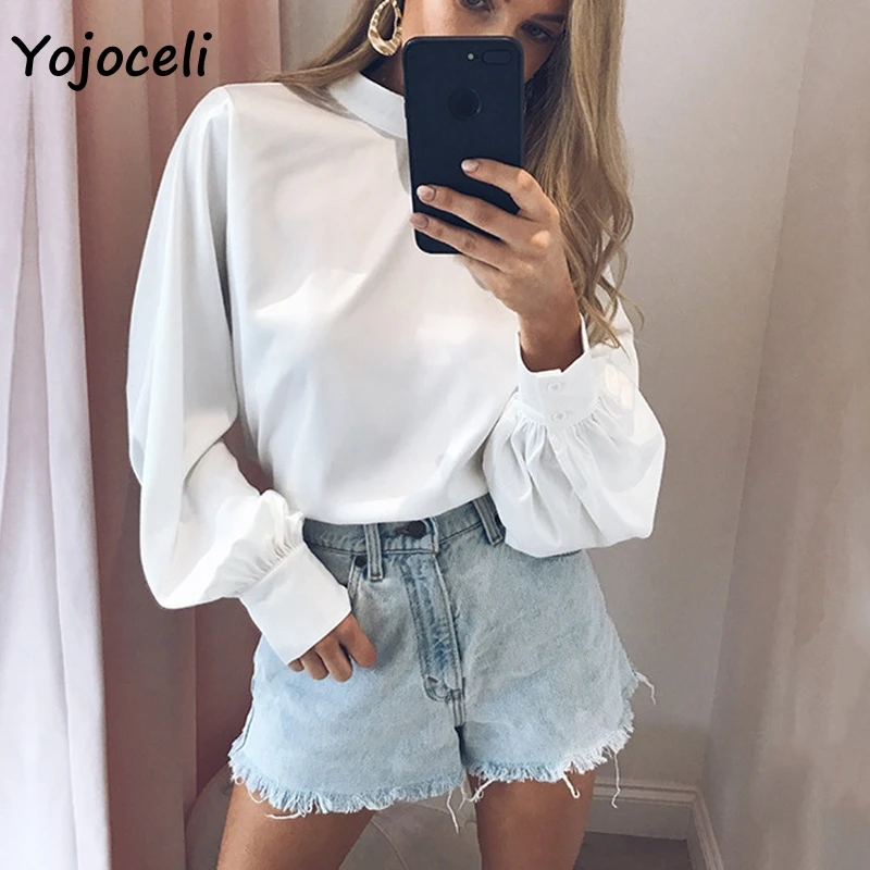 Модные Офисные дамские блузки Yojoceli 2019 Женская универсальная Базовая рубашка с