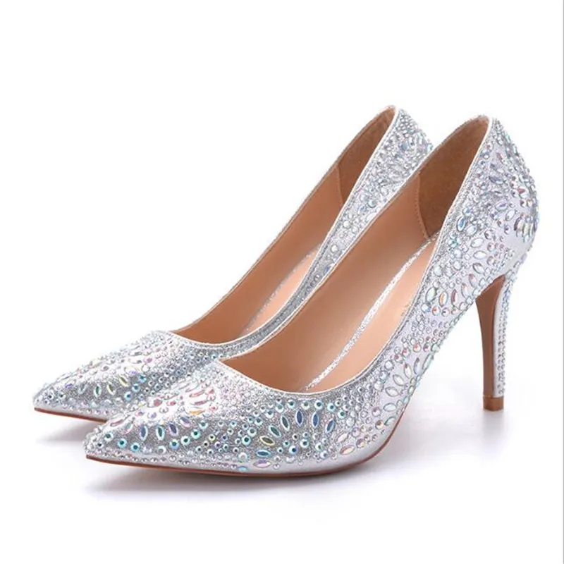 women pumps Sequined Cloth Slip On 7CM 9CM Thin High Heels Pointed Toe Rhinestones Bling Shallow Women Shoes 2023 size 35-42