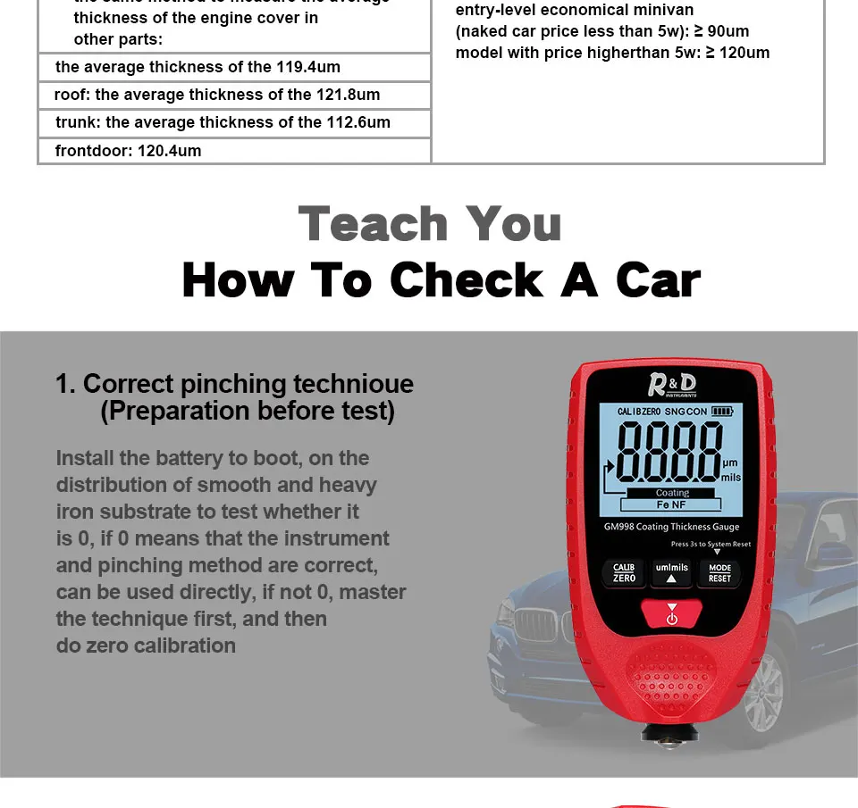 R& D автомобильная краска покрытие толщиномер из металла с гальваническим покрытием толщина тестер метр 0-1500um Fe& NFe зонд GM998 красный