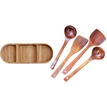 

1 Pcs Wooden Seasoning Dipping Saucer & 1 Set Wooden Cooking Utensils Set for Cooking (4Pcs)