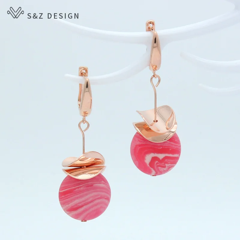 

S&Z New Round Pink Stone Cute Romantic Dangle Earrings 585 Rose Gold Personality Fashion Eardrop For Women Girls Jewelry Gift