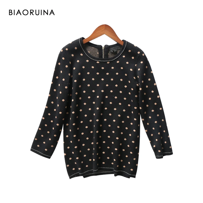 

BIAORUINA Women's Vintage Polka Dot Jacquard Sweet Pullovers Female Fashion Comfortable Thin Elegant Sweater Back Zippers