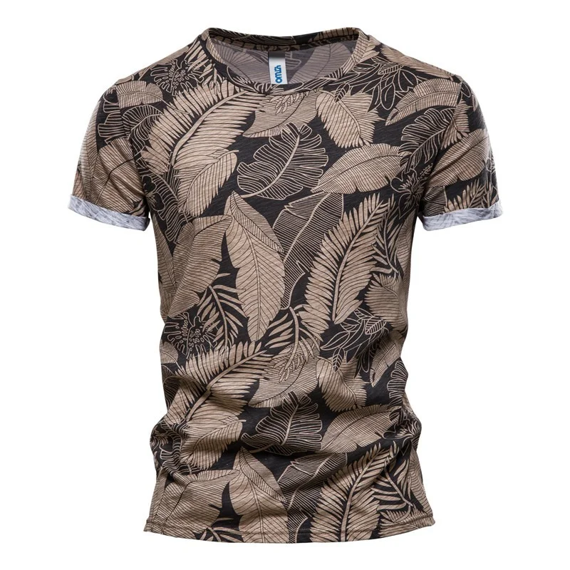 Mens T-Shirt Leaf-Printed NEGIZBER Short-Sleeved Summer Male 100%Cotton O-Neck Tops