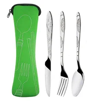 3Pcs/set Stainless Steel Dinner Set Portable Travel Camping Cutlery Tableware Set Dinnerware Case Flatware Kit with Cloth Bag 1