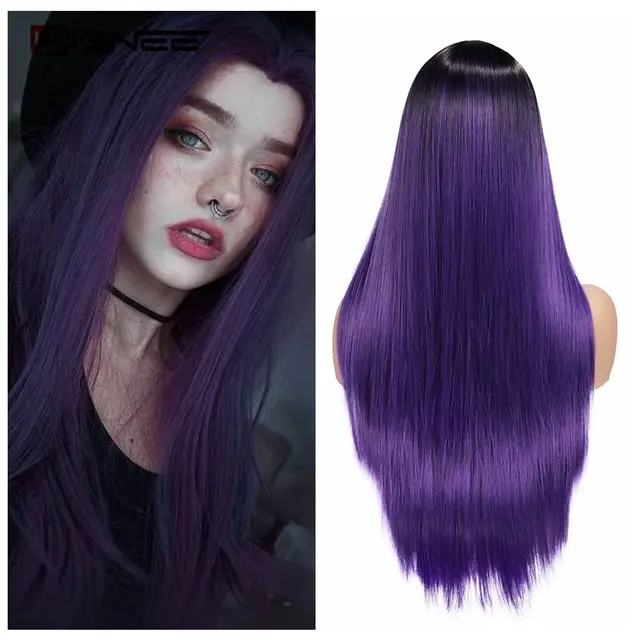 Wignee Long Natural Straight Wig Blonde Middle Part Cosplay Party Lolita Synthetic Wigs for Women Heat Resistant Fiber 1B Purple
