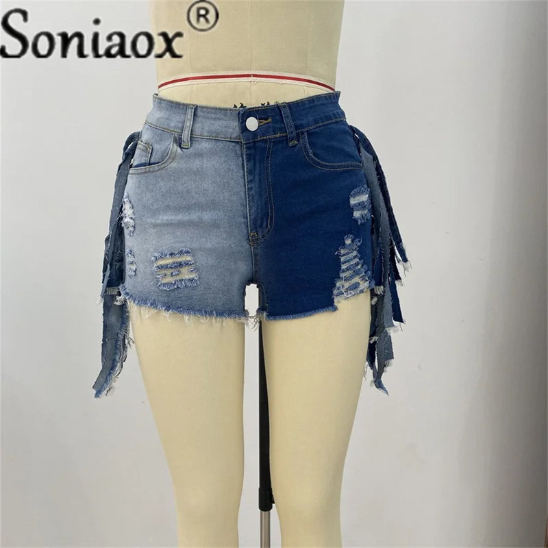 2021 Fashion Sexy Ripped Hole Denim Shorts Womens Summer Contrast Color Side Fringed High Waist Jeans Booty Shorts