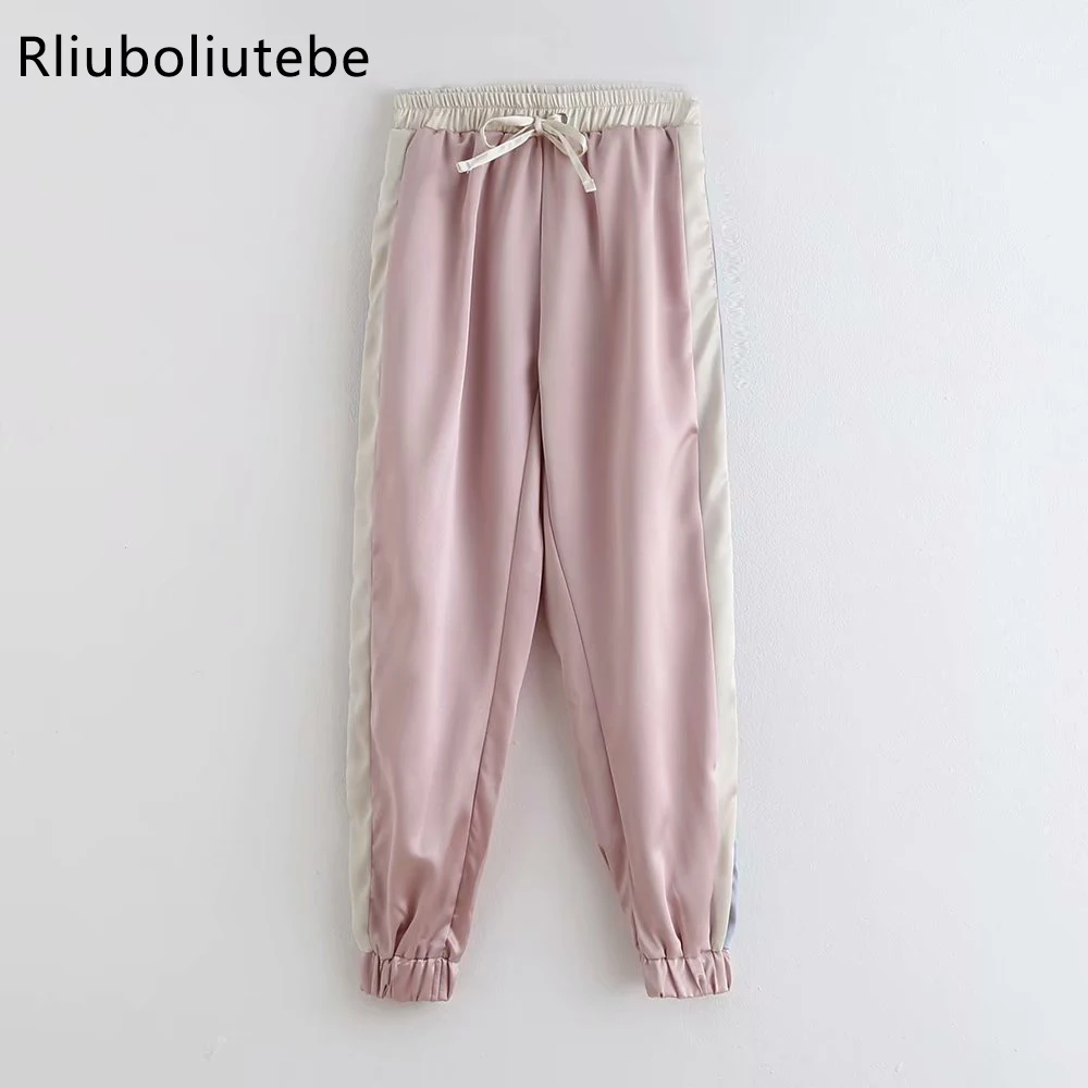 

women side stripe jogging pants elastic waist pockets patchwork print female casual fashion trousers elastic cuffs pants