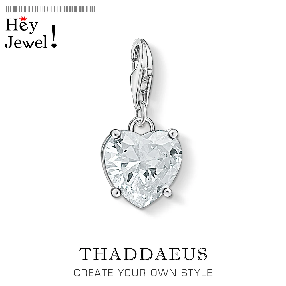 

925 Sterling Silver Heart with White Stone Charm Pendant Fashion Jewelry Gleam Gift For Women Girls DIY Making Bracelet