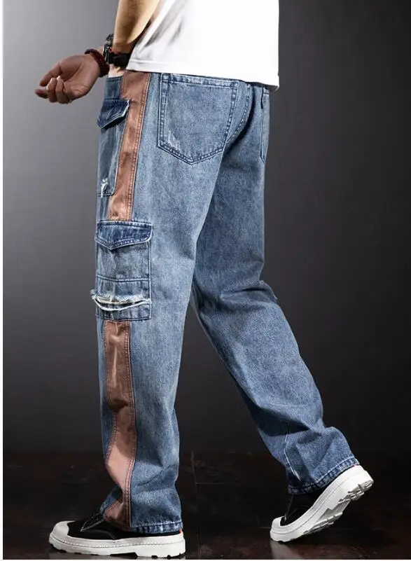 Multi-Pocket Loose Cargo Jeans Men Straight Fashion Wide-Legged Denim Pant Patchwork Baggy Jeans Size 29-40 2