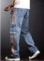 Multi-Pocket Loose Cargo Jeans Men Straight Fashion Wide-Legged Denim Pant Patchwork Baggy Jeans Size 29-40 2