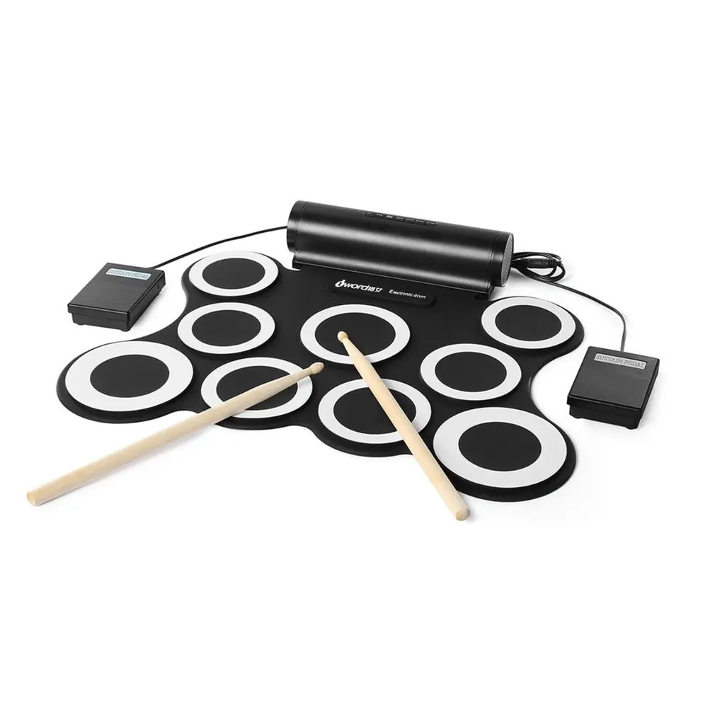 Портативный свернутый электронный набор барабанов 3009 9 подушечек Встроенные динамики с педалями барабанные палочки USB кабель для практики
