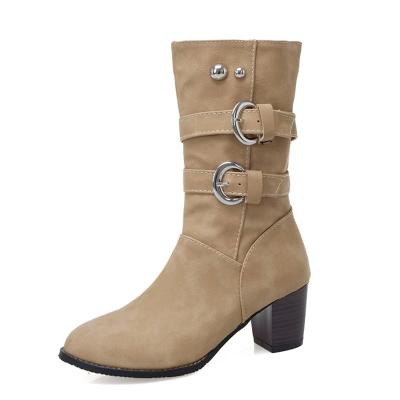Rimocy Purple Warm Short Plush Mid Calf Boots Women Vintage Buckle Chunky Heels Pu Botas Mujer Plus Size Slip-on Shoes Woman - Цвет: Цвет: желтый