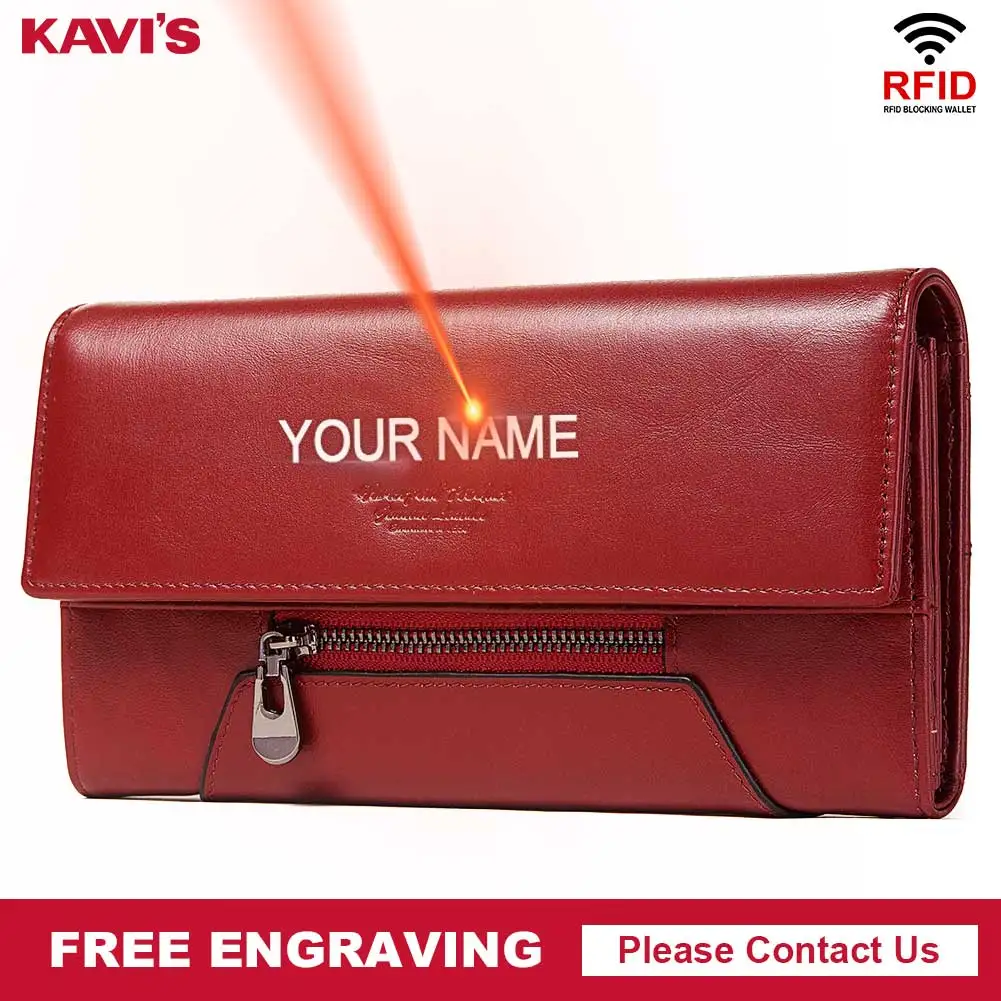 

KAVIS Women's Leather Wallet Lady Female Coin Purse Hasp Portomonee Clutch Money Bag Card Holder Long Handy Perse Free Engraving