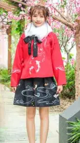 Косплей Каждый день Китайский Японский первоначальное улучшение HanFu элемент Koi вышитый воротник твид красная куртка+ черная юбка - Цвет: Красный