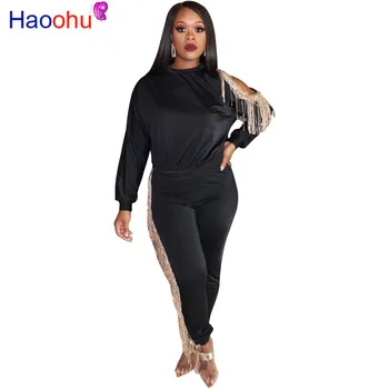 

HAOOHU Sexy Sequin Tassel Two Piece Set Women Fall Winter Festival Clothing Top and Pant 2 Piece Matching Suit Club Outfits
