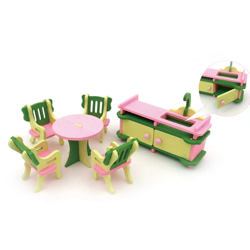 

Miniature DollHouse Furniture Colorful Wooden Dining Table Chairs Sink Furniture For Doll House Toys Kids Play House Decoration