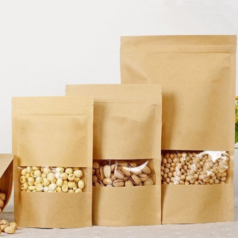 Самозапечатанный пакет-посылка 50 шт с окошком Ziplock крафт-бумажный мешок для орехов, карман для пищевых продуктов, прочный мешок для конфет