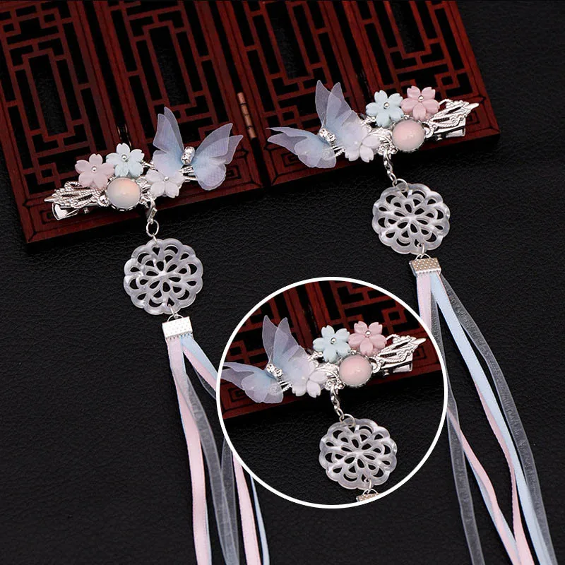 

1pair Exquisite Archaistic Bowknot Flower Hairclip Set Fairy Dress Hair Accessories Long Ribbon Tassels Women Headwear Hair Pins