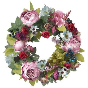

Artificial Peony Wreath, 16Inch Flower Wreath with Green Leaves Blooming Peonies for Home Front Door Wedding Wall Decor