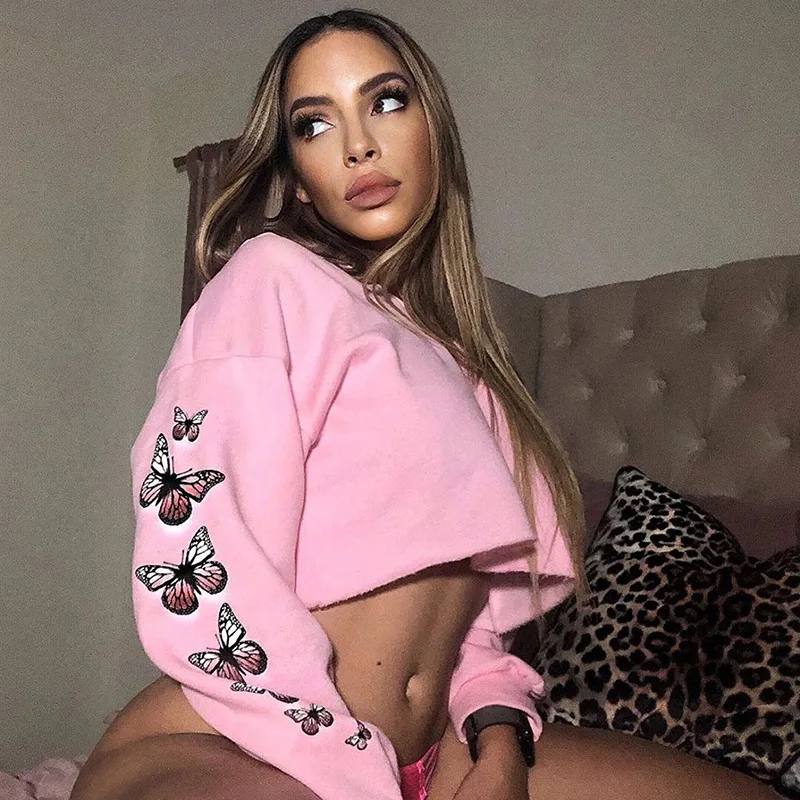 

Pink Crop Top Hoodies 2020 Butterfly Print Casual Loose Long Sleeve Sweatshirt Women Fashion Zippers Pullover Autumn Clothing