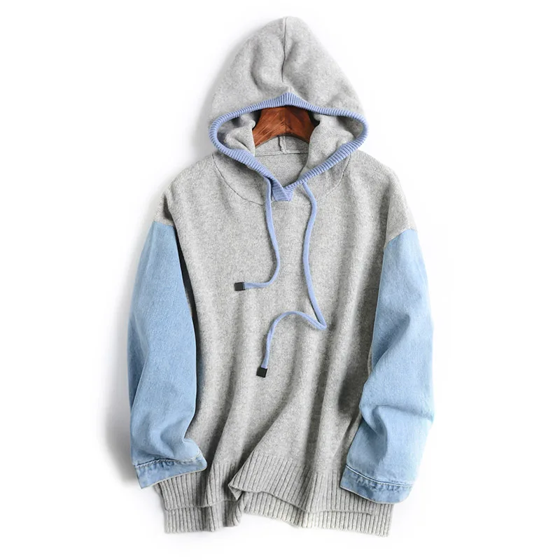 

Off Shoulder Sweater Women 2019 New Winter Temperament Leisure Stitched Denim Sleeve Hooded Woollen Sweaters