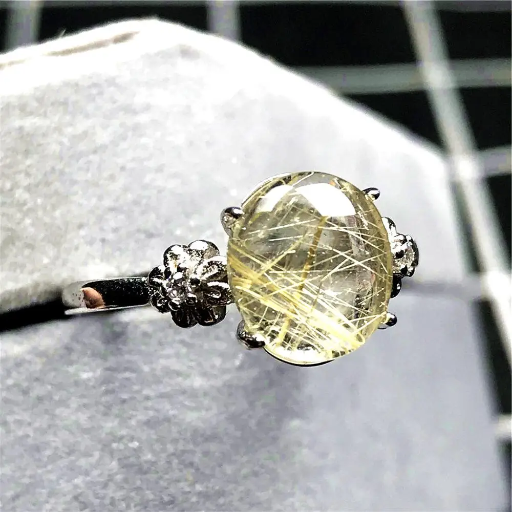 

Natural Gold Rutilated Ring For Woman Man Silver Clear Quartz 10x9mm Oval Beads Crystal Gemstone Adjustable Ring Jewelry AAAAA