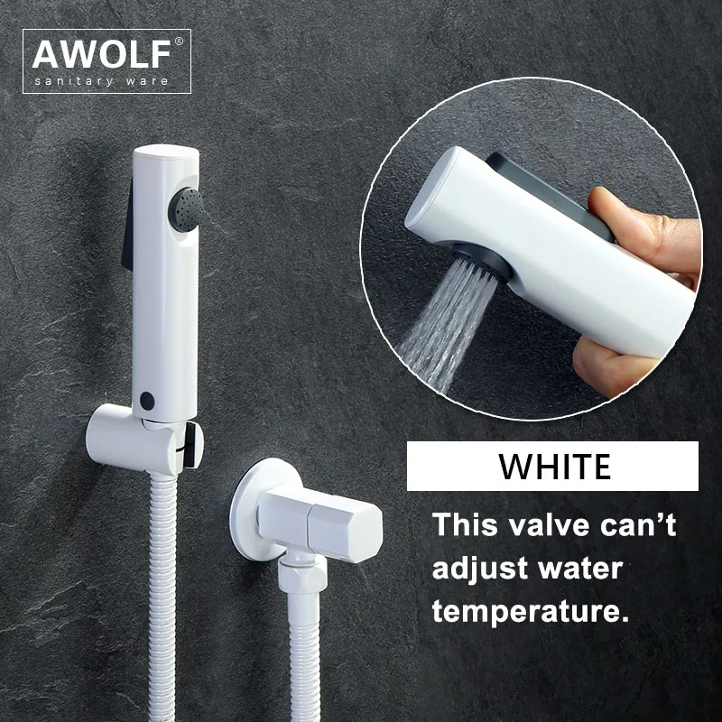 

White Hand Held Toilet Bidet Sprayer Plastic Shattaf With Pressing Button Solid Brass Angle Valve Douche Kit Shower AP2308