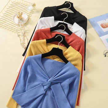 

Women Knitted Crossed V-neck Long-Sleeved Autumn Slim Sweaters Pullovers Female Knitting All-match Sweaters Tops Girls