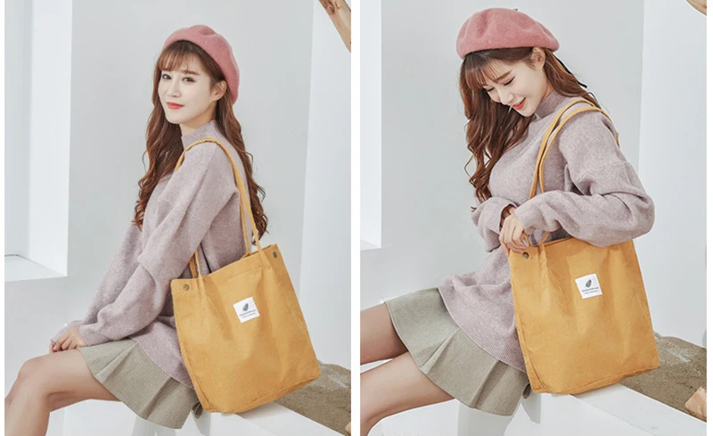 Women Corduroy Shopping Bag Female Canvas Cloth Shoulder Bag Environmental Storage Handbag Reusable Foldable Eco Grocery Totes